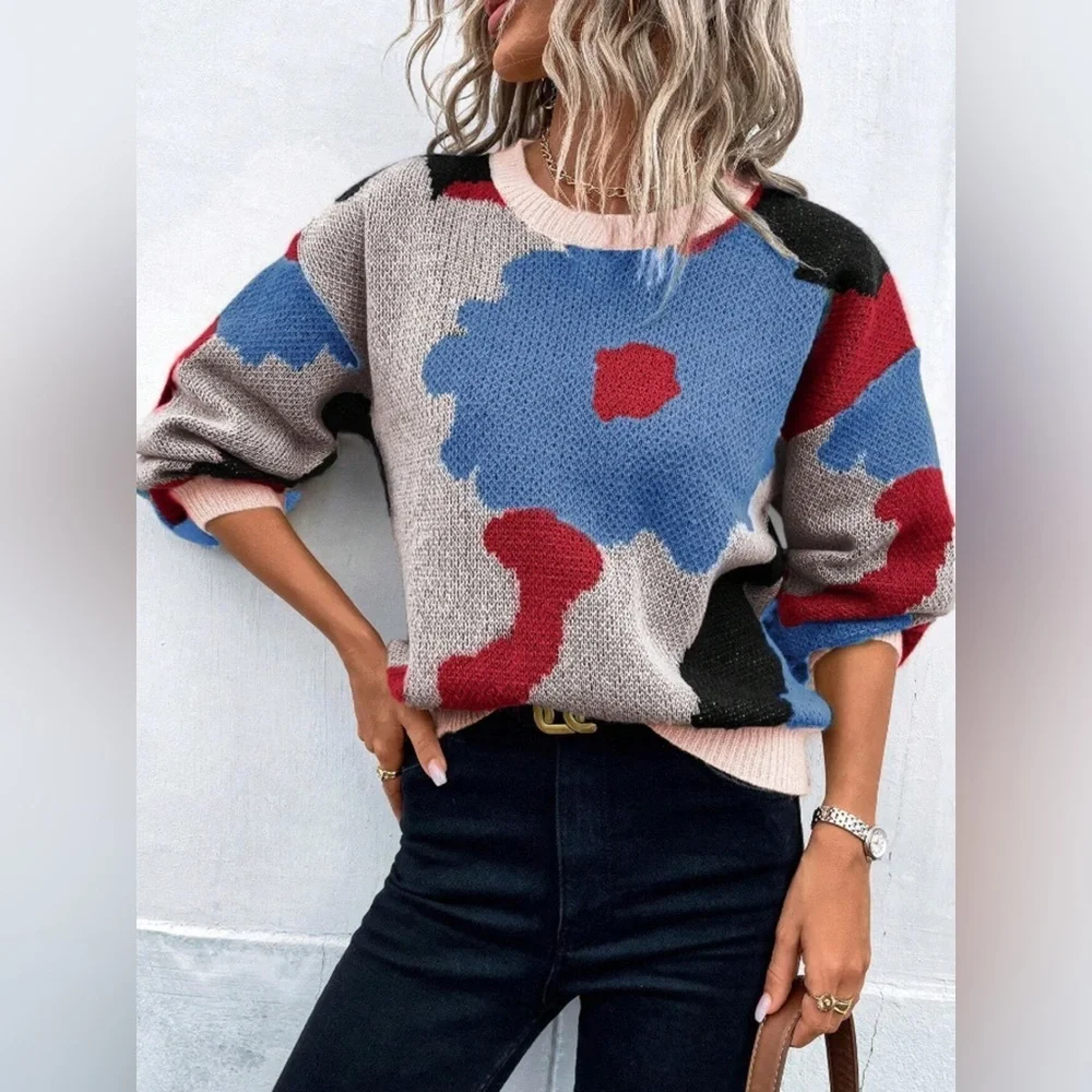 Floral Pattern Round Neck Sweater - Picture 4 of 16